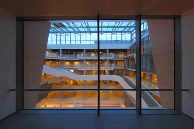 Main Hall atrium at House of Science with glass ceiling, ideal for corporate events and galas.