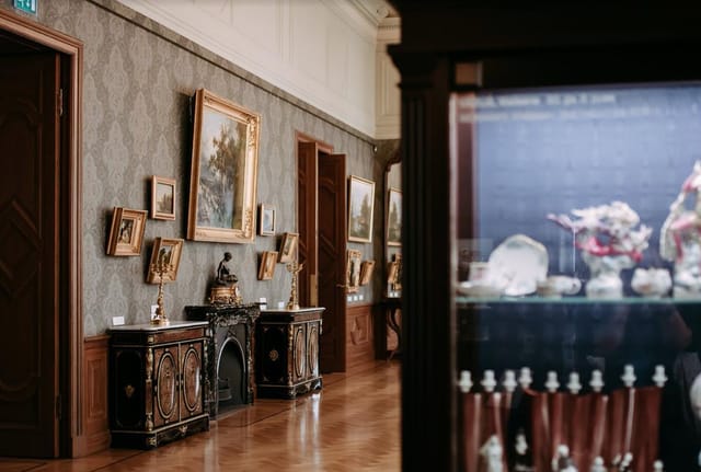 Opulent atrium at Riga Bourse Art Museum, ideal for luxury evening receptions and VIP networking.
