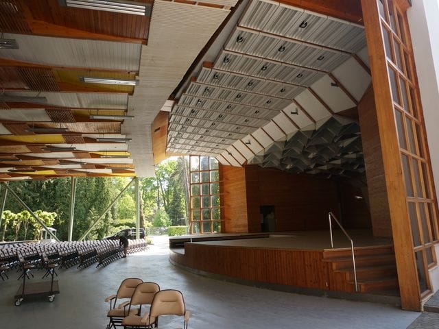 Dzintari Concert Hall Great Hall with acoustic ceiling for hybrid events and live performances.