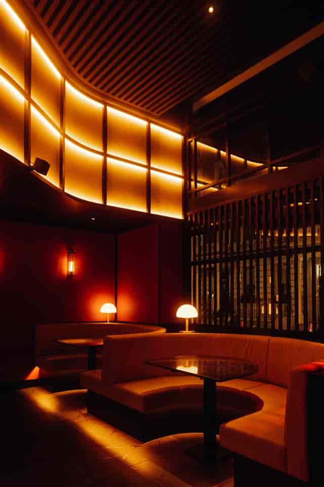 Moyagi VIP lounge with moody lighting: ideal for exclusive networking events and private hire.