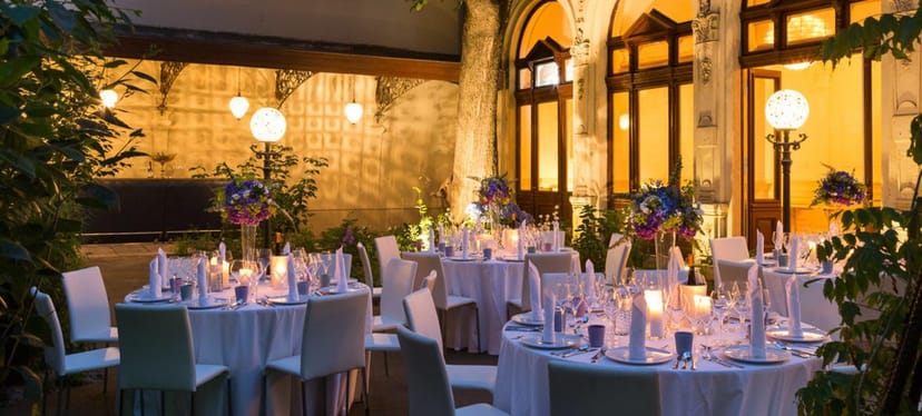 Outdoor gala setup in VIENNABallhaus Main Room with floral decor for luxury event venue rental.