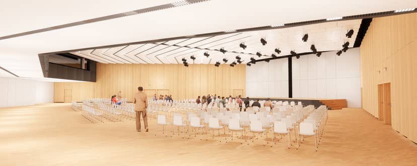 Modern ballroom at Austria Center Vienna with lighting truss for keynote and plenary events.