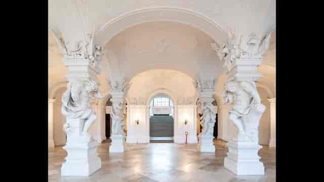 Sala Terrena Belvedere with Atlas statues, ideal for luxury cocktail reception and event venue.