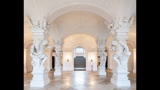 Sala Terrena Belvedere with Atlas statues, ideal for luxury cocktail reception and event venue.