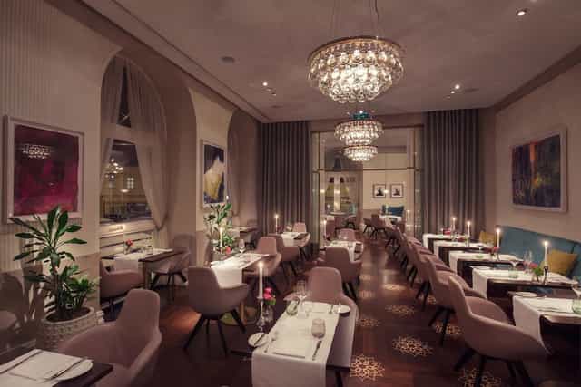 High-end boutique hotel restaurant for executive dinners and private event venue.