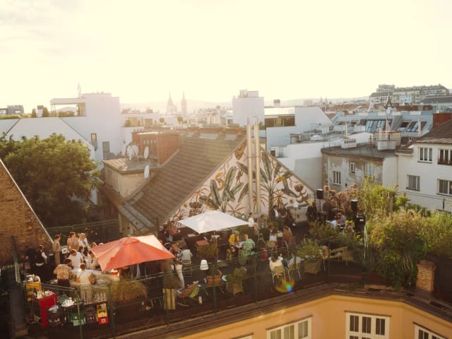 Rooftop terrace in Altstadt Vienna with city skyline view for evening receptions and events.