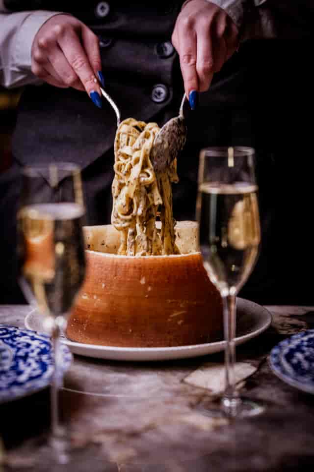 Bocconcino Mayfair pasta wheel station for luxury corporate event and gala catering.