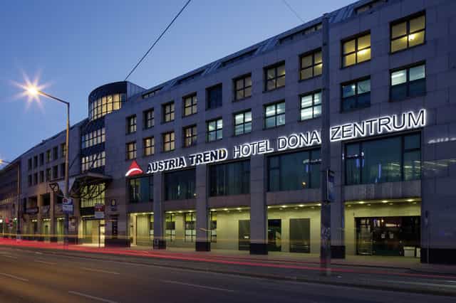ARCOTEL Donauzentrum Wien exterior: modern urban hotel for corporate events and business meetings.