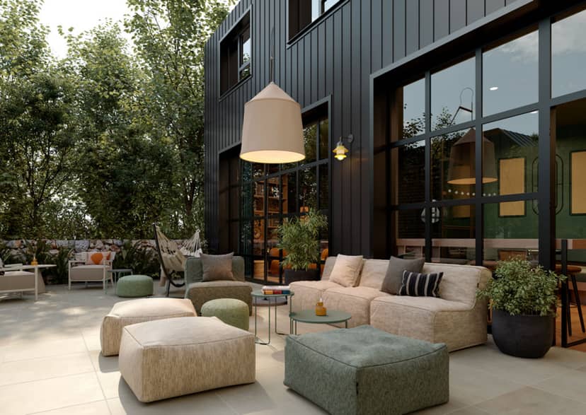 Smart Garden Room: contemporary outdoor networking space for corporate events and cocktail hours.