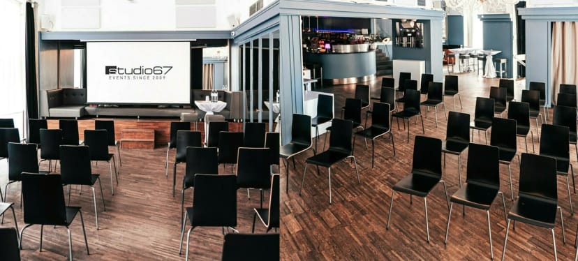 Studio67 theater-style event space with bar, hardwood floors, and screen for corporate networking.