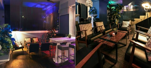 Mood-lit studio67 lounge with cocktail tables for networking events and VIP receptions.