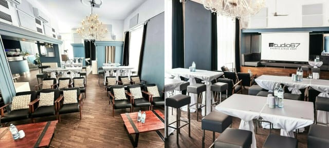 Studio67 multi-purpose event space with lounge and seminar seating for corporate networking.