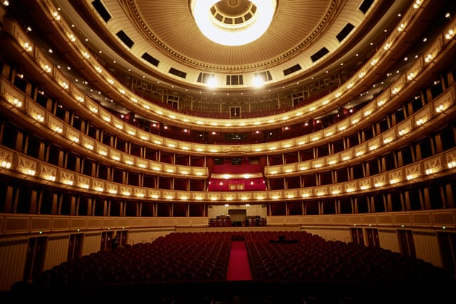 Vienna State Opera grand staircase, tiered theater seating for gala awards and corporate keynotes.