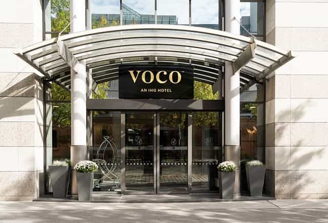 Voco Vienna Prater hotel lobby entrance for professional corporate events and business meetings.