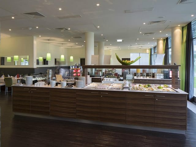 Modern hotel banquet buffet bar at Hotel Doppio for breakfast and event catering.