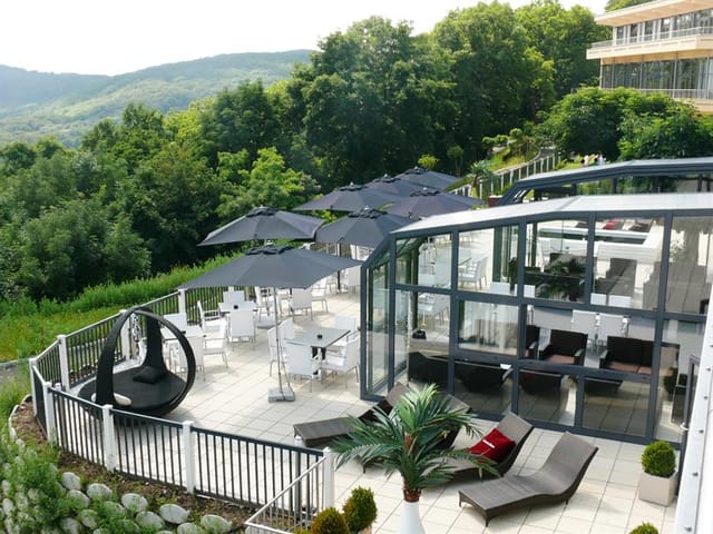Outdoor terrace cafe in Kahlenberg with panoramic views, ideal for networking events and receptions.