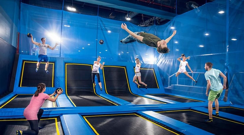FLIP LAB team-building venue, high-energy trampoline arena for corporate offsite events.