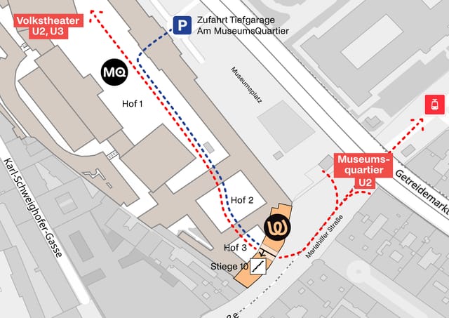 WEST/MQ wayfinding map for MuseumsQuartier venue accessibility and guest arrivals.