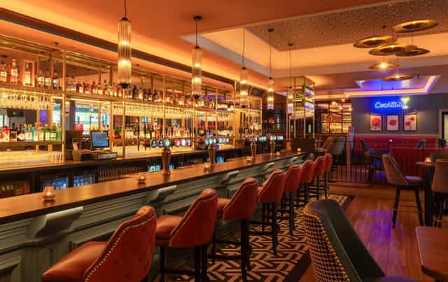 Upscale hotel bar for corporate networking and post-conference reception.