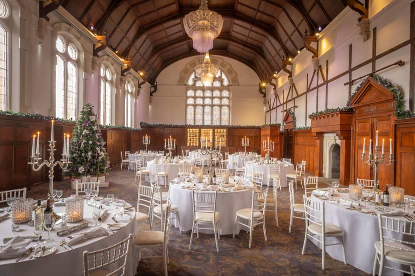 Elegant holiday gala at Thomas Prior Hall featuring vaulted ceilings for upscale winter weddings.