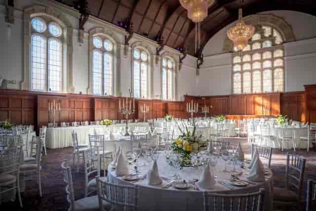 Thomas Prior Hall with elegant banquet tables, historic architecture for weddings and gala events.