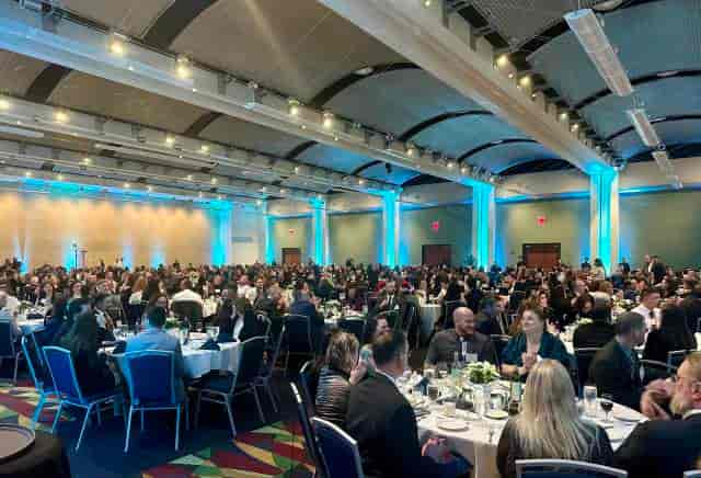 DCU Conferencing ballroom with uplighting for corporate gala and networking events.