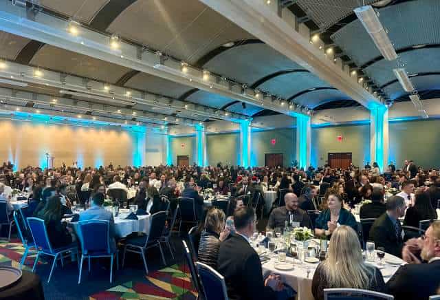 DCU Conferencing ballroom with uplighting for corporate gala and networking events.