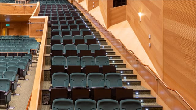 Tiered wood-paneled auditorium for professional keynote sessions and corporate plenary conferences.