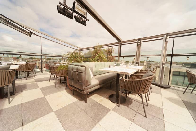 Layla’s Rooftop Terrace with climate-controlled glass for VIP networking and corporate receptions.