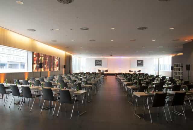 Sagrada Familia classroom setup at AC Hotel Barcelona Forum for corporate workshops and meetings.