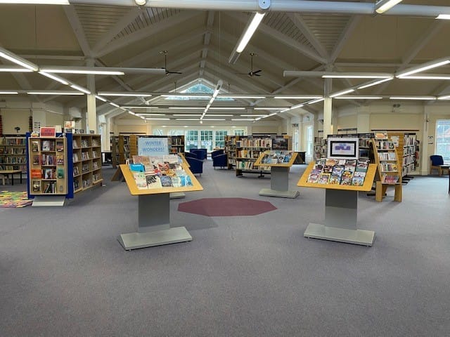 Farnham Castle library event space with fixed shelving, ideal for intimate, small-group meetings.