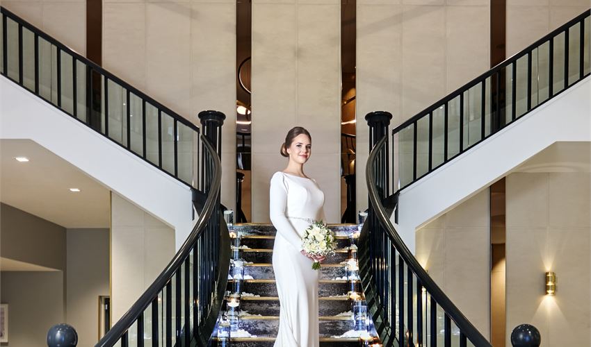 Grand staircase in Hilton Edinburgh Carlton ballroom for luxury wedding or gala venue photography. - Banner