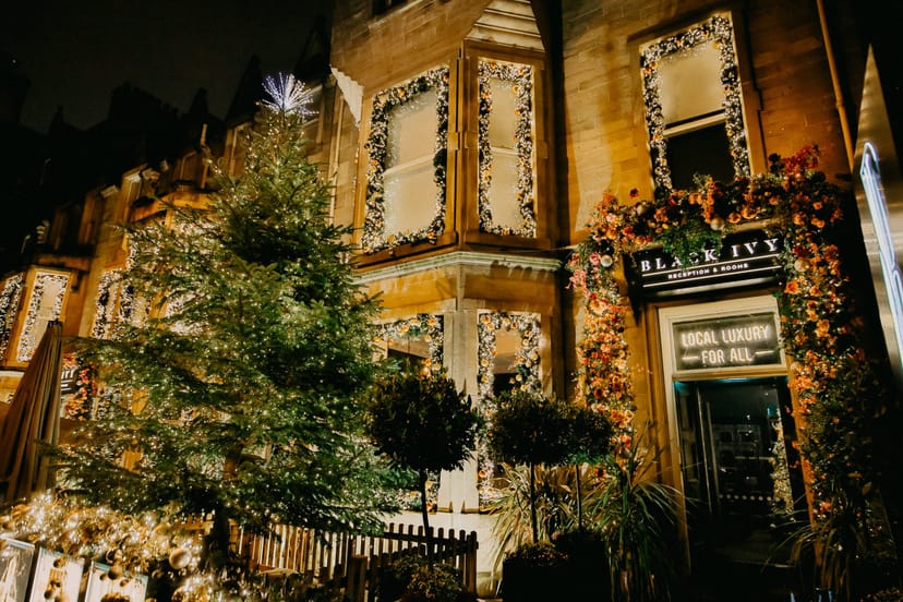 Black Ivy restaurant exterior decorated for holiday corporate event hospitality.