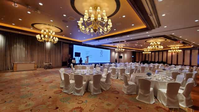 Grand Ballroom at Conrad Hong Kong: elegant chandeliers for formal events and conferences.