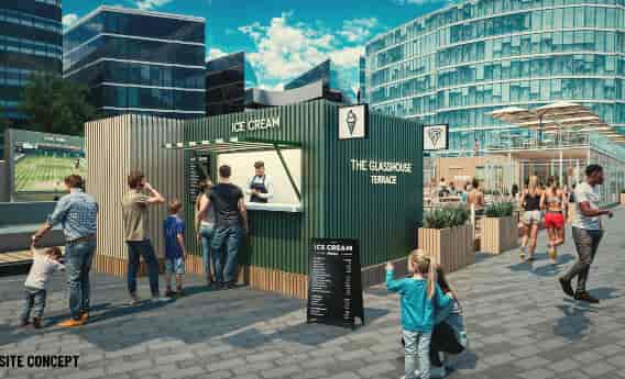 Glasshouse Terrace pop-up venue with branded shipping containers for urban corporate event space.