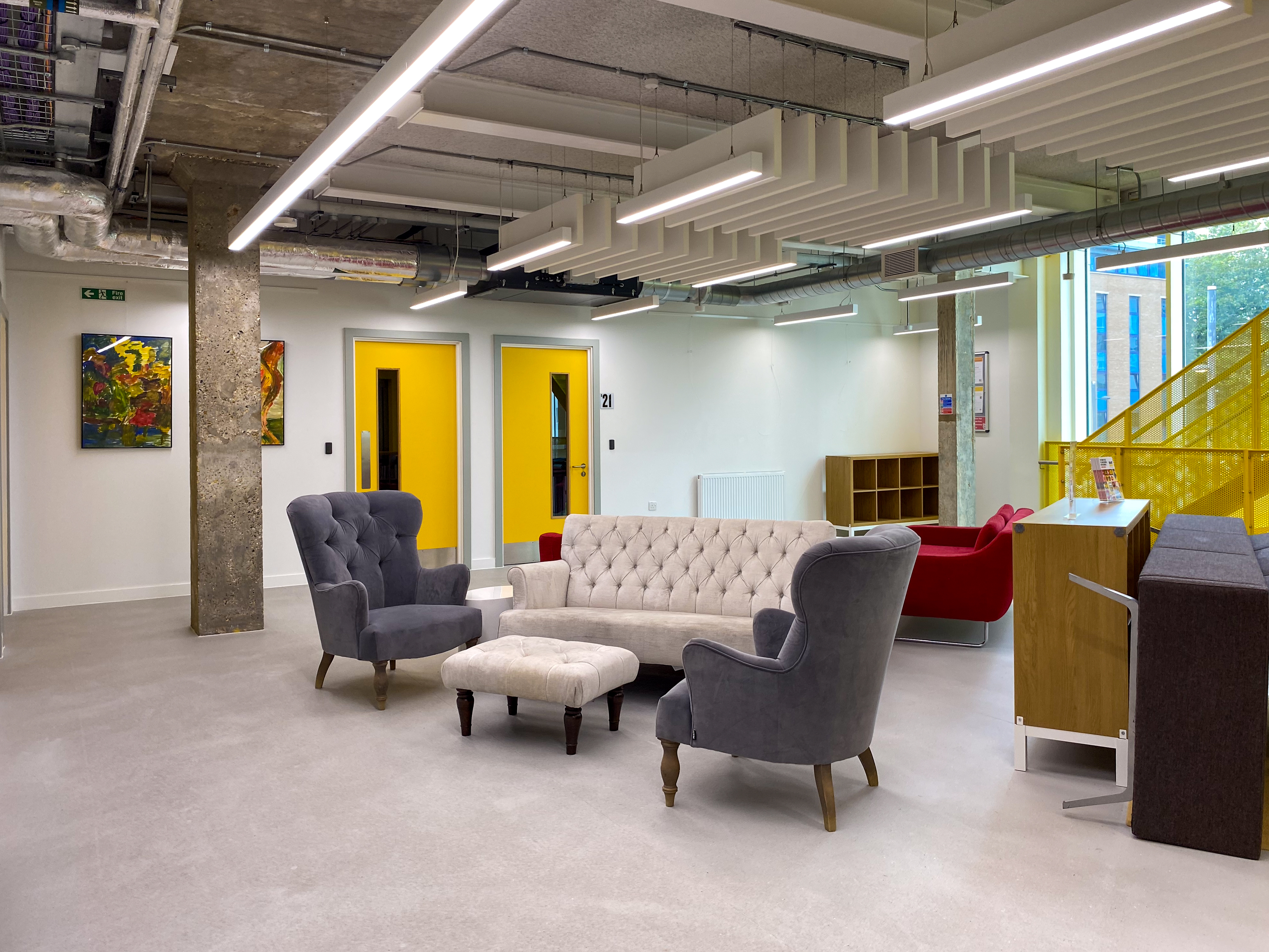 Modern lounge area in Mary Ward Centre for informal meetings and networking events. - Banner