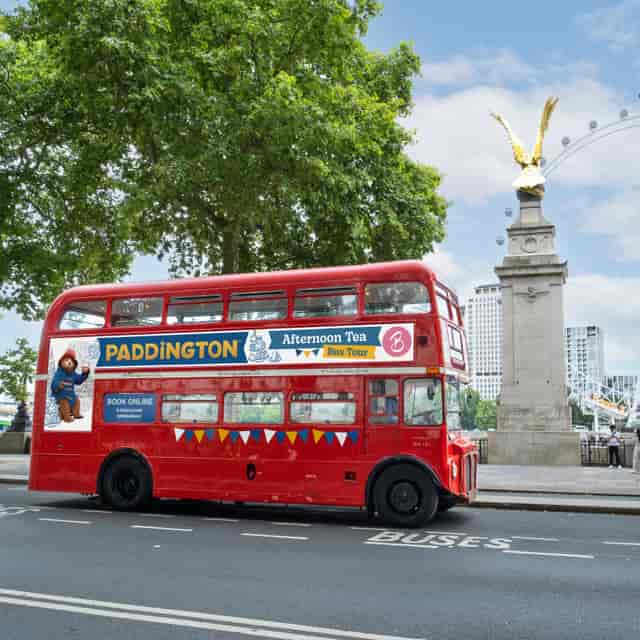 Paddington branded double-decker bus for private hire and afternoon tea party events in London.