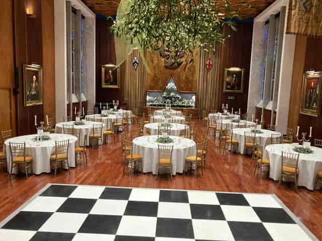 The Livery Hall with checkerboard dance floor for formal gala or wedding reception.