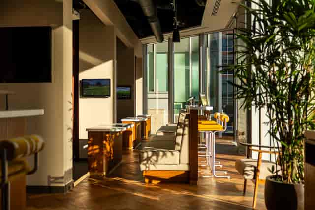 Pitch Wharf venue hire with high-top seating, perfect for corporate breakout spaces and workshops.