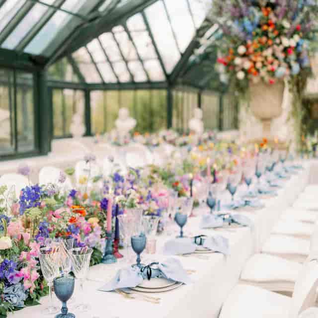 Elegant floral tablescape in South Hall, Waddesdon for luxury wedding and corporate event venue.