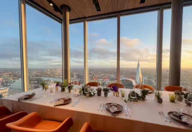 Luxury high-rise private dining, London skyline sunset, corporate event