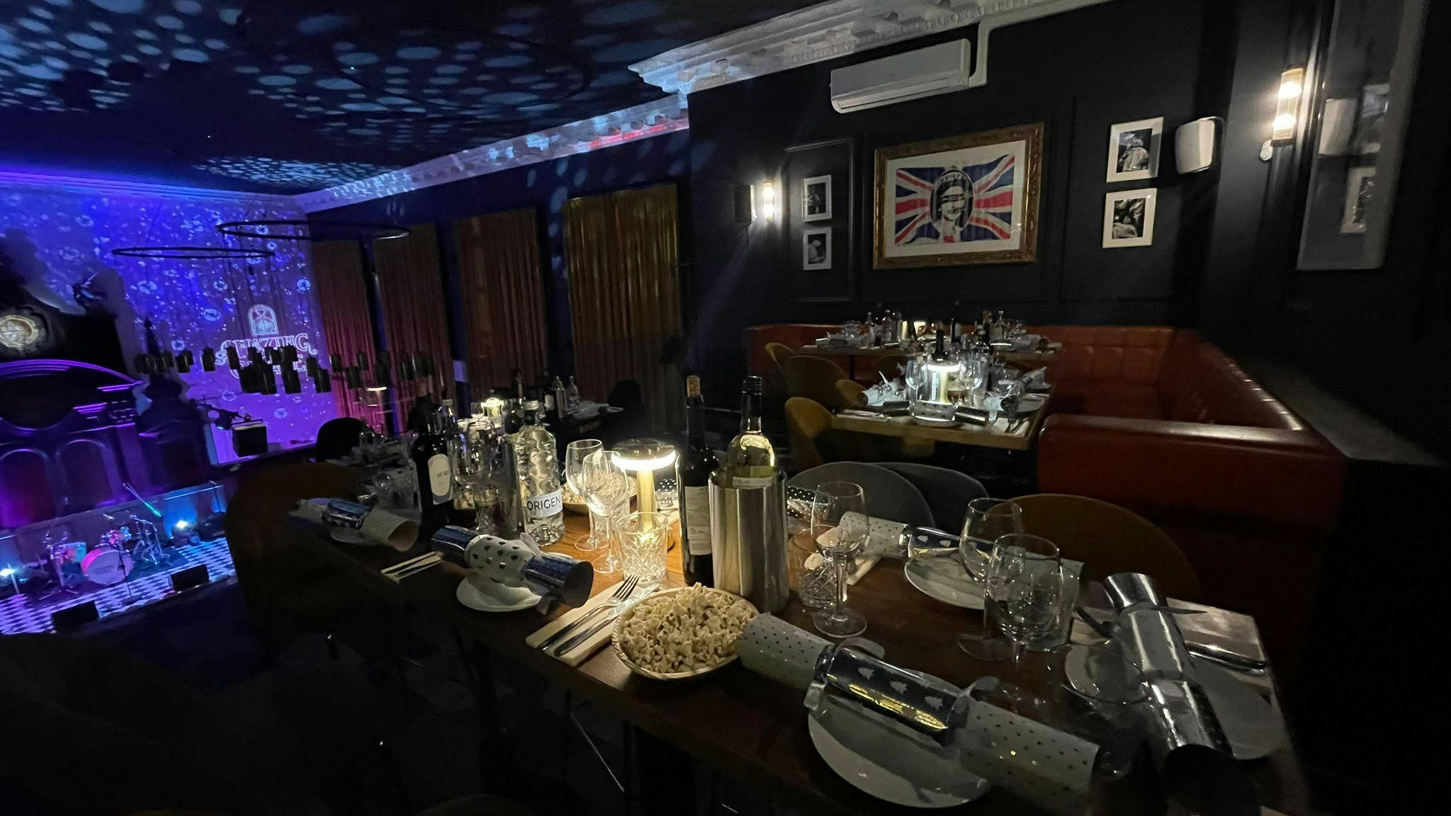 Stylish dining space at Mezzanine, perfect for holiday parties and corporate events.