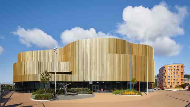 Swansea Arena contemporary timber facade for experiential events and venue hire.