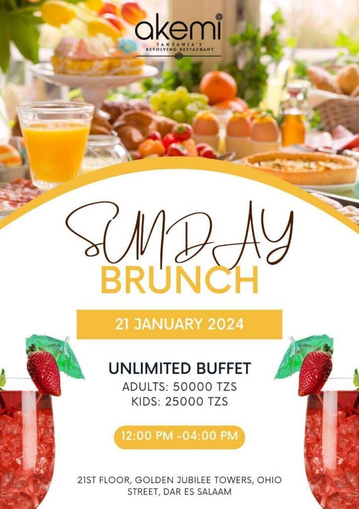 Akemi Revolving Restaurant Sunday brunch flyer featuring unlimited buffet food.