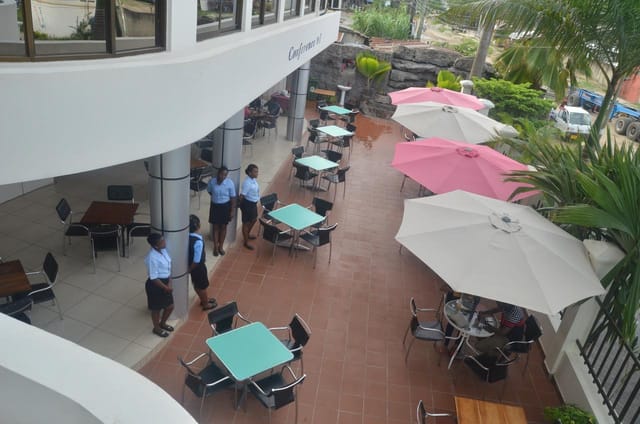 Doubleview Hotel outdoor terrace set for a networking event and breakout session.