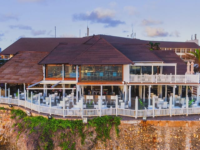 Cliffside restaurant terrace for corporate cocktail receptions and incentive retreats.