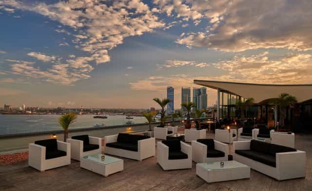 Rooftop restaurant at Alexander's Hotel with waterfront view for cocktail receptions and networking.