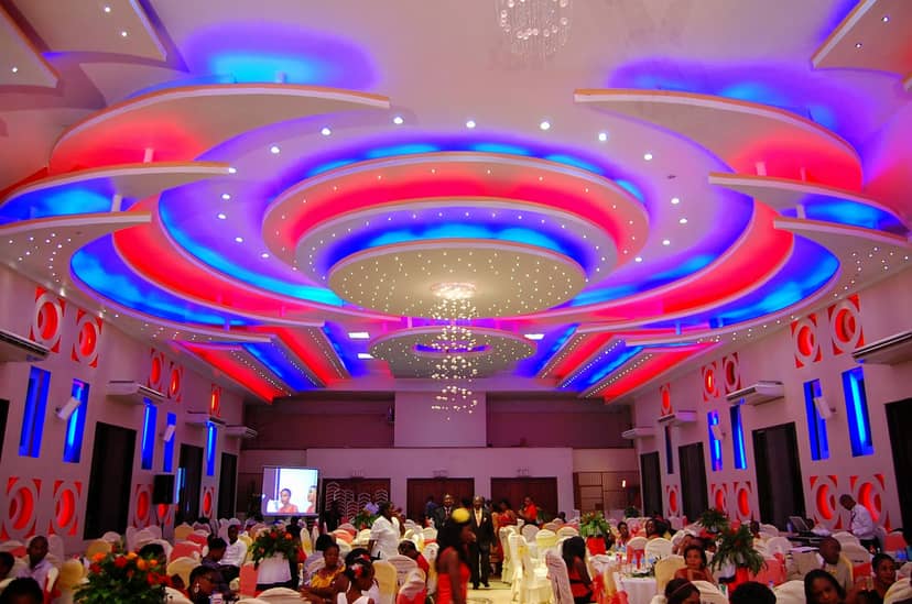 Msimbazi Centre banquet hall with tiered LED ceiling for corporate gala and event celebrations.