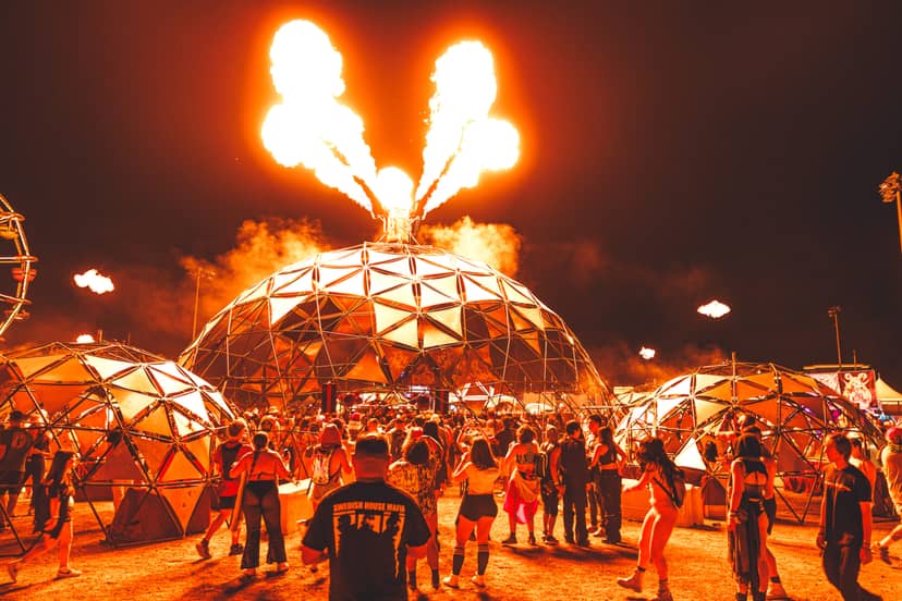 Incendia Fire Pit at North Coast Music Festival with geodesic dome and pyrotechnics.