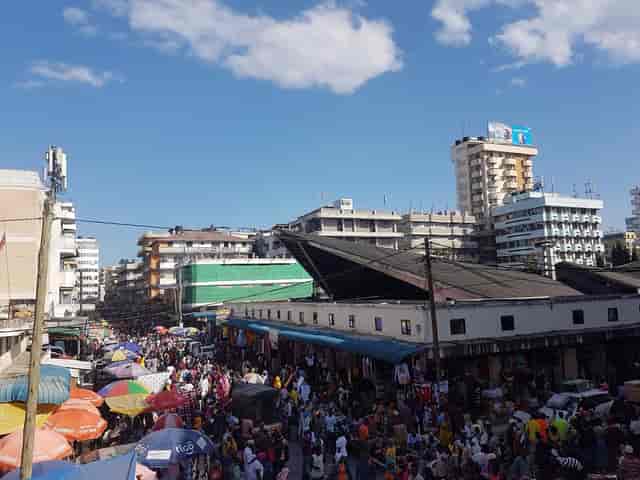 Kariakoo Market urban space: high-density outdoor site for event planning and crowd management.